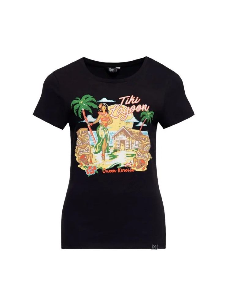 Sanders Dames T-Shirt - Tiki Lagoon - Zwart - Queen Kerosin