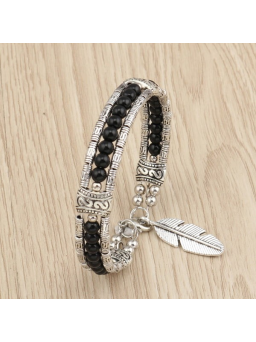 Sanders Armbanden - Zwarte onyx armband met veertje bedel